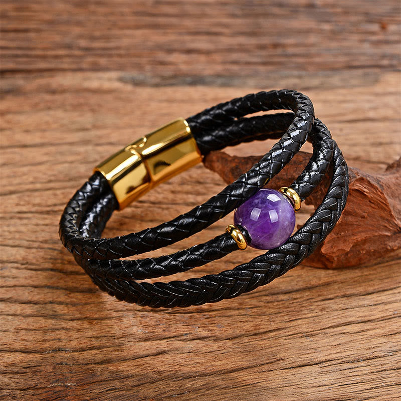 Buddha Stones Multicolored Bead Amethyst Lazurite Craved Six True Words Braided Leather Balance Bracelet