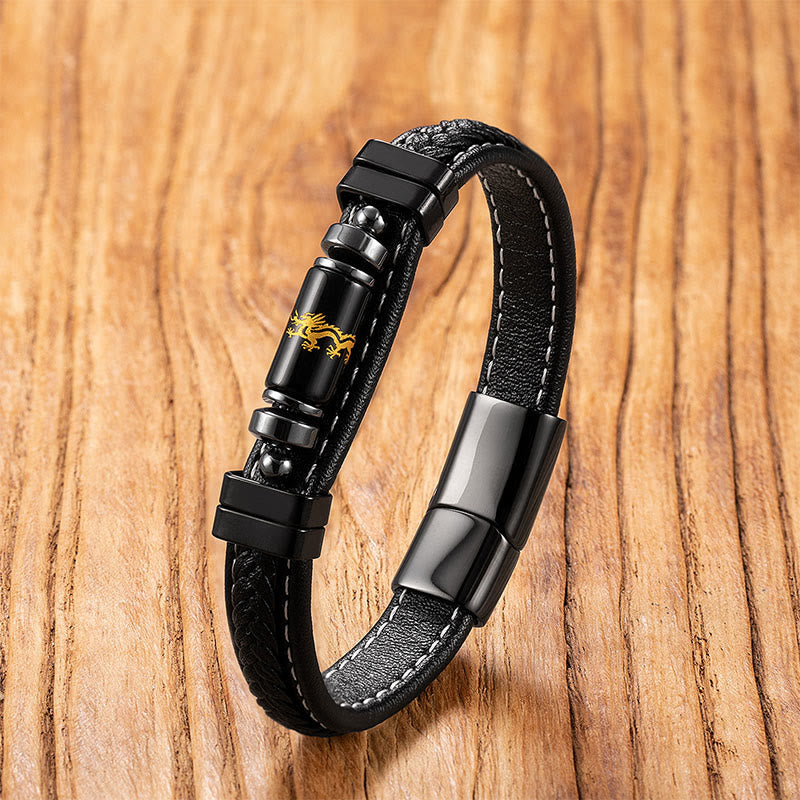 Buddha Stones Om Mani Padme Hum Dragon Symbol Black Onyx Leather Titanium Steel Balance Protection Bracelet