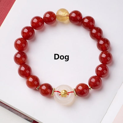 Buddha Stones Chinese Zodiac Year of the Horse Peace Buckle Red Agate White Chalcedony Confidence Bracelet