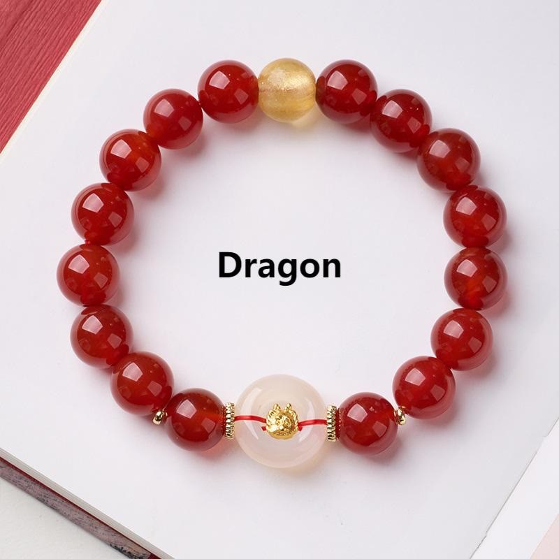 Buddha Stones Chinese Zodiac Year of the Horse Peace Buckle Red Agate White Chalcedony Confidence Bracelet