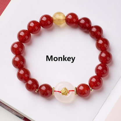 Buddha Stones Chinese Zodiac Year of the Horse Peace Buckle Red Agate White Chalcedony Confidence Bracelet