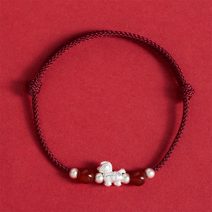 Buddha Stones 999 Sterling Silver Red Agate Year of the Horse Prosperity String Bracelet