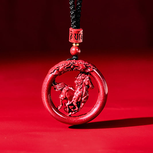 Buddha Stones Year of the Horse Carving Peace Buckle Natural Cinnabar Concentration Necklace Pendant