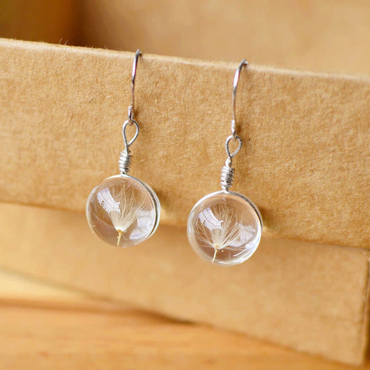 Buddha Stones Dandelion White Liuli Glass Round Earrings