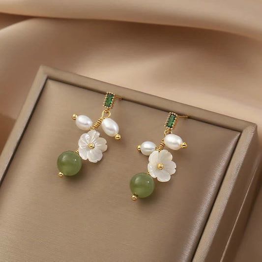 Buddha Stones Hetian Jade Pearl Bead Flower Prosperity Abundance Earrings