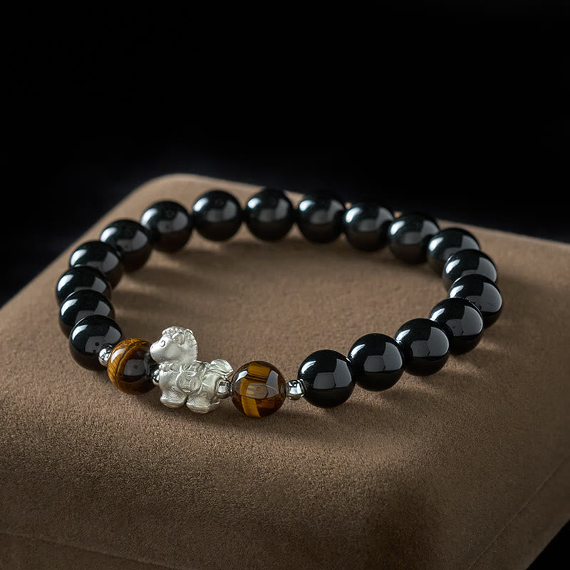 Buddha Stones Year of the Horse 999 Sterling Silver Horse Charm Black Obsidian Tiger Eye Strength Bracelet