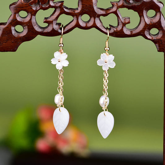 Buddha Stones Pearl White Flower Leaves Happiness Drop Earrings