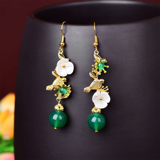 Buddha Stones Green Agate Bead White Flower Bird Power Drop Earrings