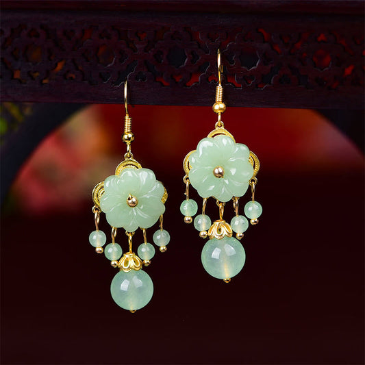 Buddha Stones Green Pink Flower Liuli Glass Drop Earrings