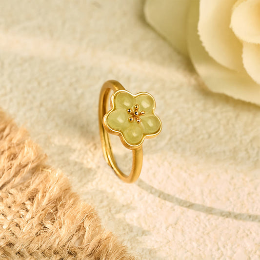 Buddha Stones Plum Blossom Hetian Jade Copper Luck Ring