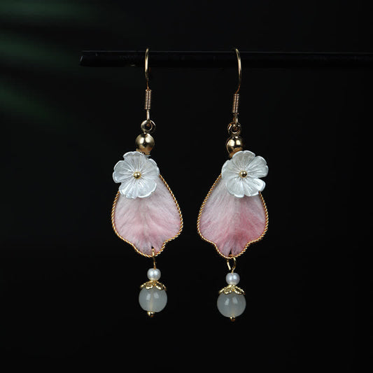 Buddha Stones Handcrafted Silk Art Petal Good Fortune Blessing Dangle Hook Earrings