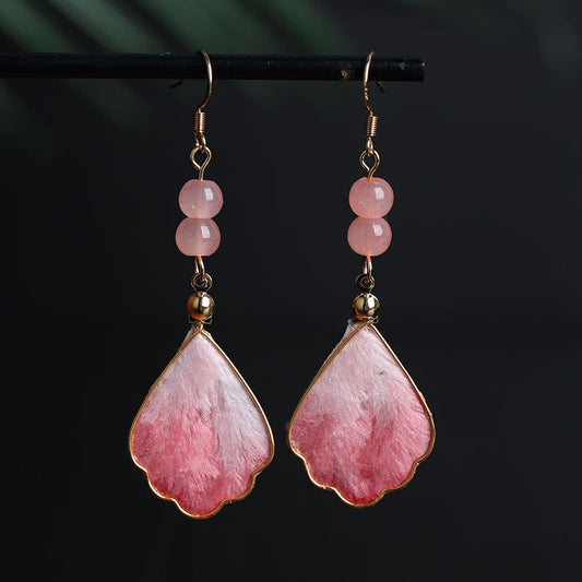 Buddha Stones Silk Art Handmade Pink Velvet Good Fortune Protection Drop Hook Earrings