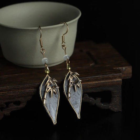 Buddha Stones Handcrafted Silk Art Bamboo Design Copper Hook Luck Protection Dangle Earrings