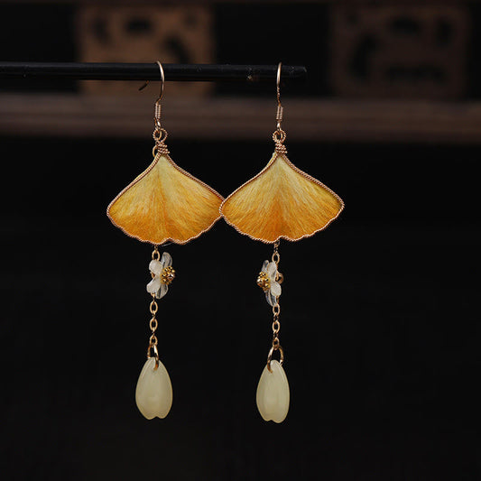 Buddha Stones Handmade Silk Craft Yellow Ginkgo Leaf Copper Hook Good Fortune Dangle Earrings