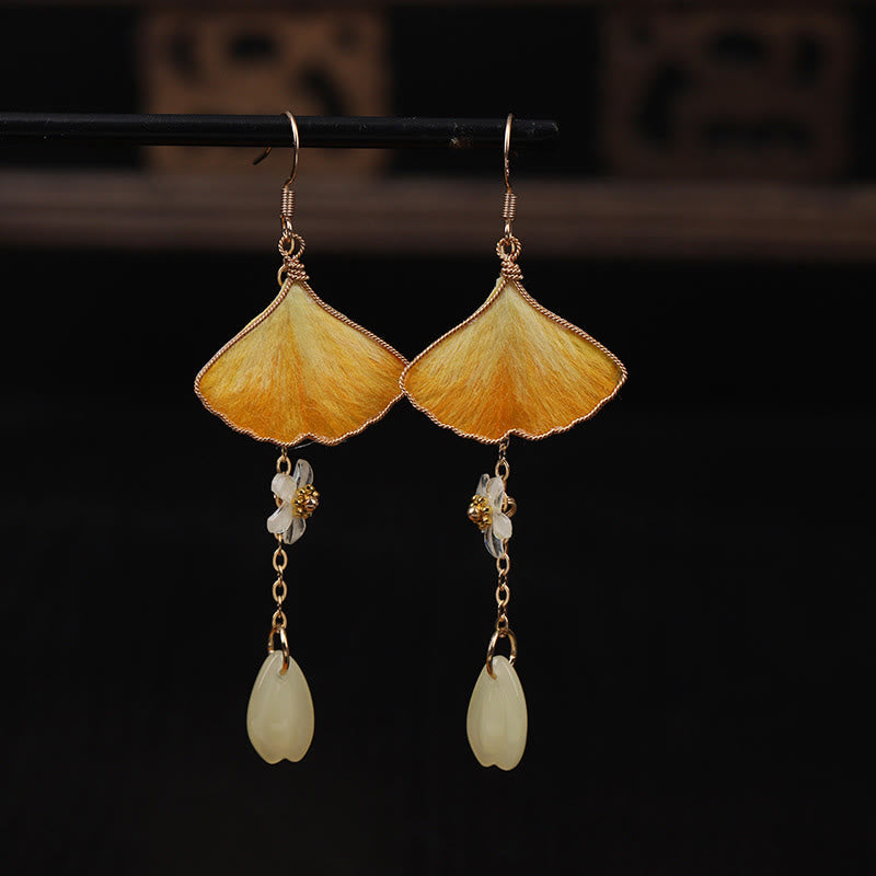 Buddha Stones Handmade Silk Craft Yellow Ginkgo Leaf Copper Hook Good Fortune Dangle Earrings