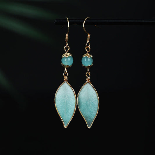 Buddha Stones Handmade Cyan Leaf Copper Plated Silver Hook Protection Drop Earrings