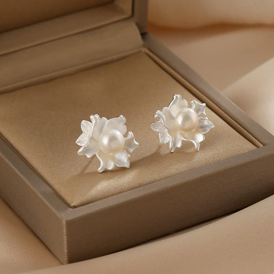 Buddha Stones Natural Pearl Copper Flower Healing Stud Earrings