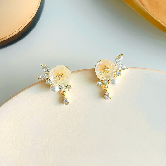 Buddha Stones White Rose Flower Zircon Copper Luck Clip-on Stud Earrings