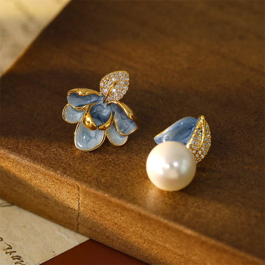 Buddha Stones Camellia Flower Zircon Copper Luck Stud Earrings