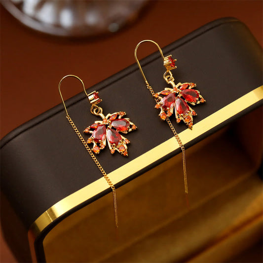Buddha Stones Maple Leaf Red Zircon Copper Luck Drop Dangle Earrings