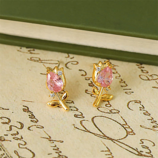 Buddha Stones Pink Purple Tulip Zircon Copper Healing Stud Earrings