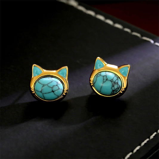 Buddha Stones Turquoise Tiger Eye Cat Head Design Copper Protection Stud Earrings