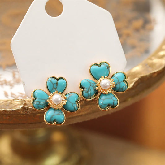 Buddha Stones Turquoise Love Heart Flower Copper Healing Stud Earrings