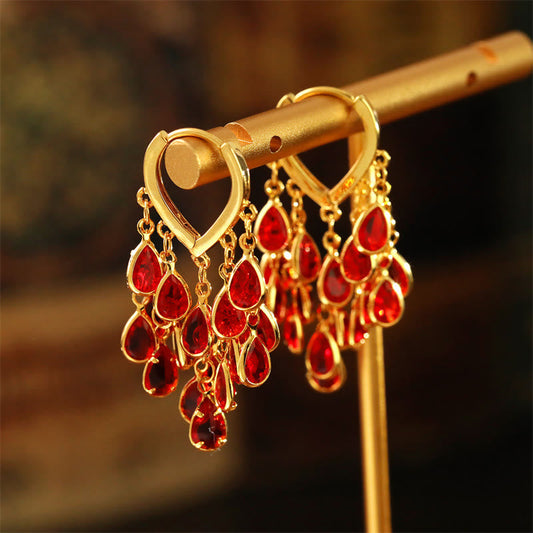 Buddha Stones Red Water Droplet Tassel Healing Copper Hoop Earrings