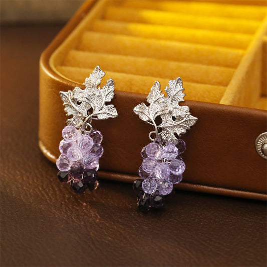 Buddha Stones Purple Grape Leaves Copper Wealth Stud Earrings