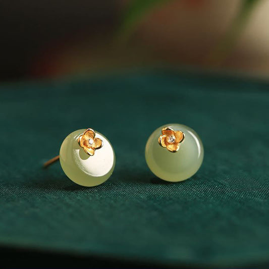 Buddha Stones Cyan Jade 925 Sterling Silver Flower Harmony Earrings