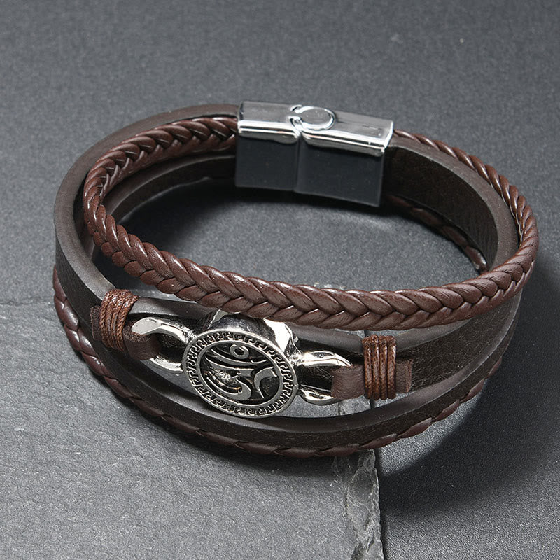 Buddha Stones Om Round Engraved Multilayered Braided Retro Leather Bracelet