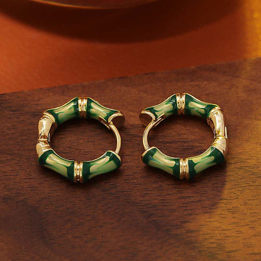 Buddha Stones Round Bamboo Dripping Design Copper Fortune Hoop Earrings