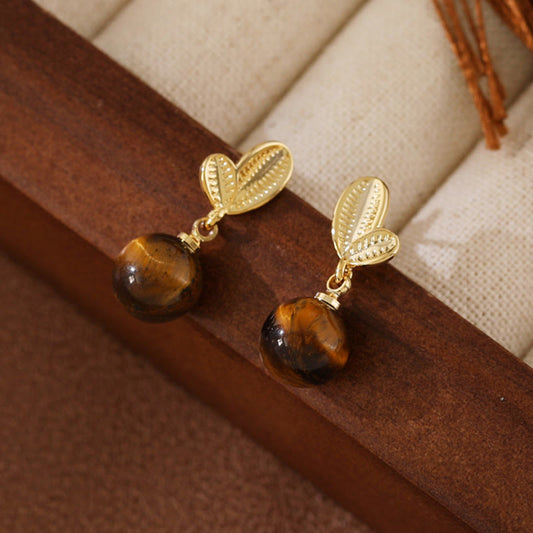 Buddha Stones Tiger Eye Leaves Design Copper Protection Earrings