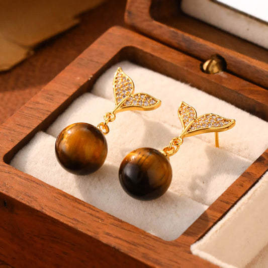 Buddha Stones Tiger Eye Round Bead Fish Tail Irregular Design Protection Earrings