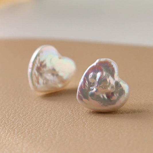 Buddha Stones Retro Pearl Heart Shape Design Wisdom Stud Earrings