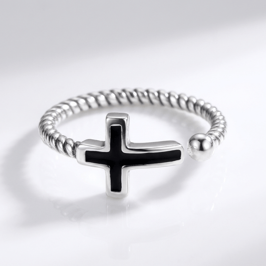Blessed Black Cross Ring - (adjustable)