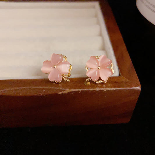 Buddha Stones Rotatable Design Four-leaf Flower Pink Cat's Eye Support Stud Earrings