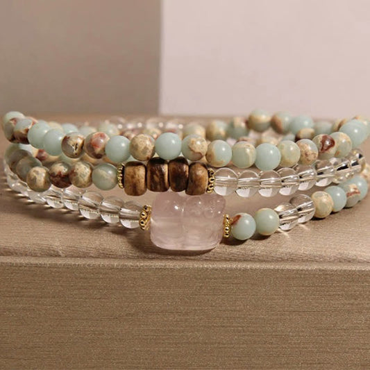 Buddha Stones Rhodonite Clear Quartz Rose Quartz Pixiu Triple Wrap Bracelet