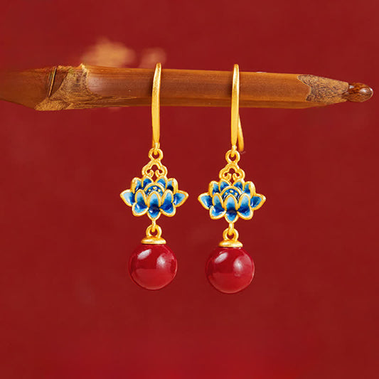 Buddha Stones Cinnabar 925 Sterling Silver Enamel Lotus Drop Earrings