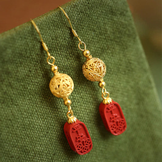 Buddha Stones Cinnabar Copper Filigree Blessing Drop Earrings