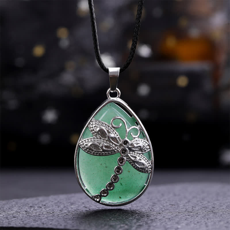 Buddha Stones Natural Green Aventurine Dragonfly Teardrop Shape Inlay Crystal Balance Necklace