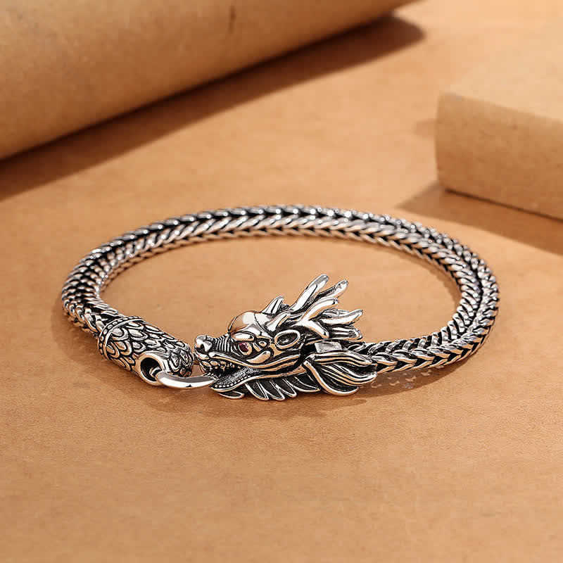 Buddha Stones Copper Dragon Strength Silver Tone Retro Braided Bracelet