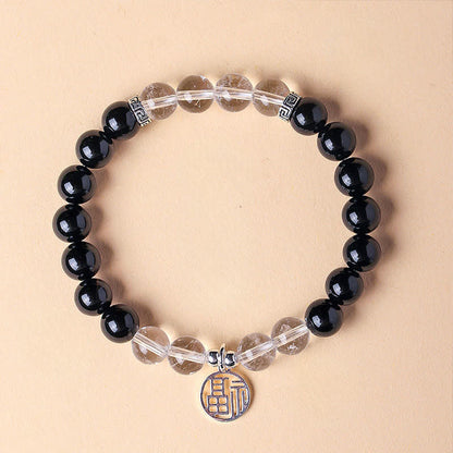 Buddha Stones Black Onyx Fu Character Beaded Luck Bracelet
