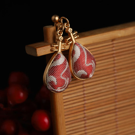 Buddha Stones Song Brocade White Patterns Pipa-shaped Design Harmony Teardrop Earrings