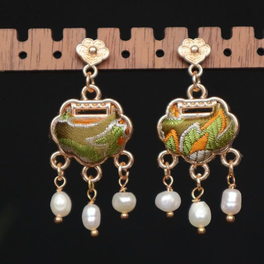 Buddha Stones Song Brocade Handcrafted Silk Art Peace Lock Pearl Protection Drop Earrings