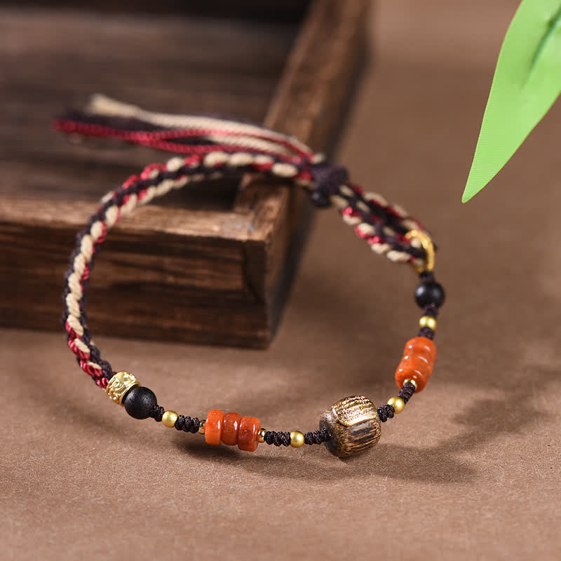 Buddha Stones Hand-woven Red Sandalwood Blessing Braided Tassel Bracelet