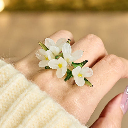 Buddha Stones Liuli Pear Blossom Flower Wisdom Ring
