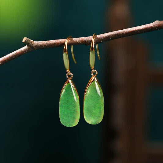 Buddha Stones Jade Teardrop Protection Gold Tone Earrings