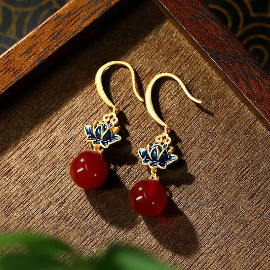 Buddha Stones Red Agate Lotus Enamel Gold Drop Confidence Earrings