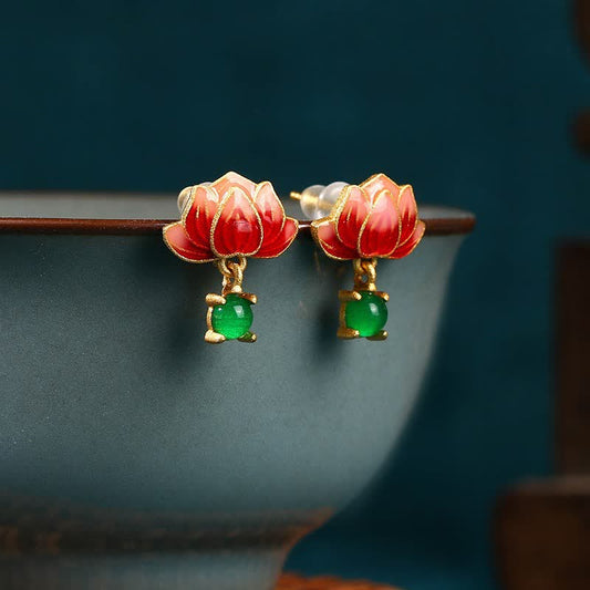 Buddha Stones Jade Lotus Enamel Gold Dangle New Beginnings Earrings